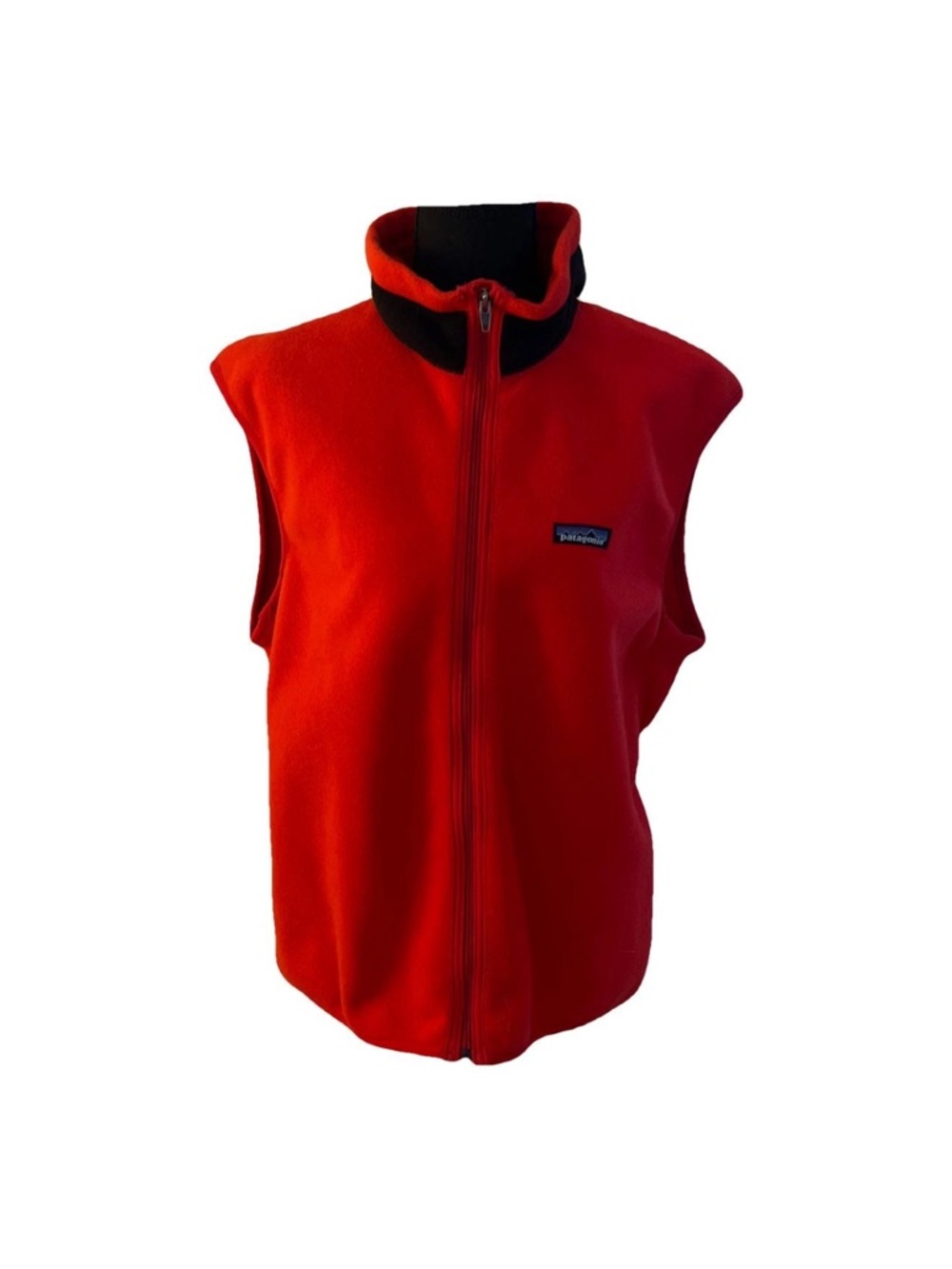 Patagonia Women’s Bright Red Fleece Vest with Navy Logo and Wind-Resistant Liner